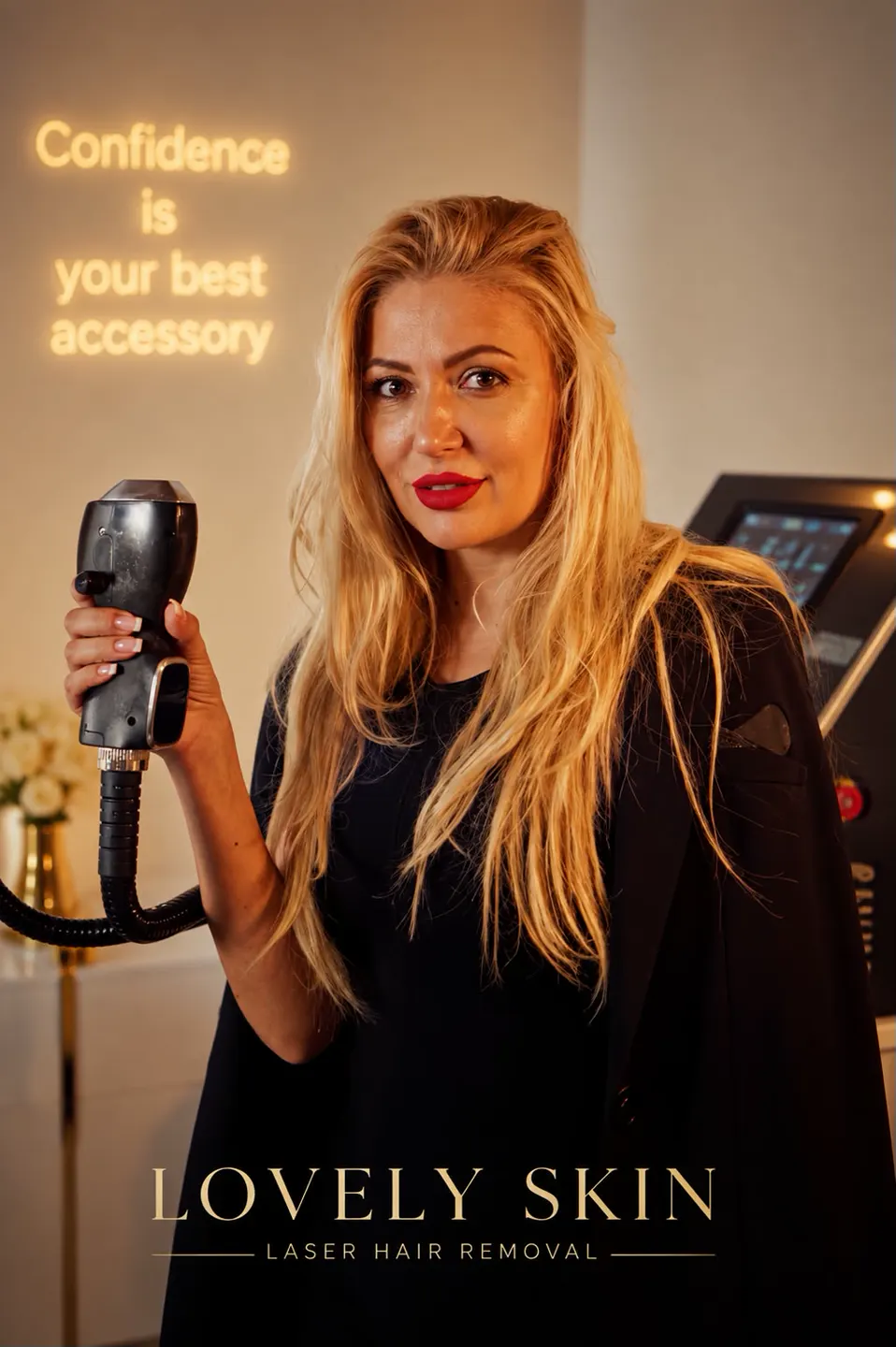Evelina filmând content dinamic la desk, cu setup colorat de streaming